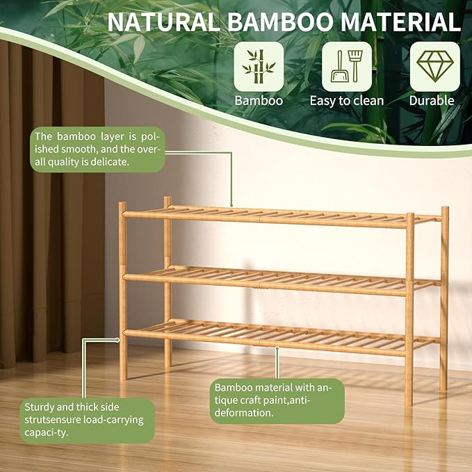 ROMGUAR CRAFT 3-Tier Bamboo Long Shoe Rack, Free Standing Wood Shoe Shelf - Image 5