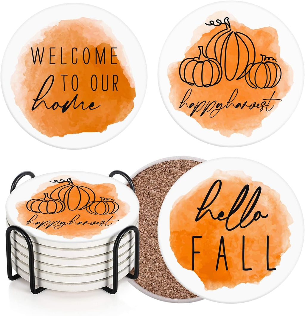 Fall Coasters for Drinks, Set of 6, Ceramic Stone, Autumn Pumpkin