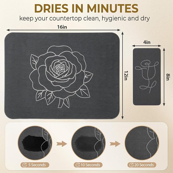 Stone Dish Drying Mat for Kitchen Counter, Glittery Resin Rose Pattern Quick - Image 3