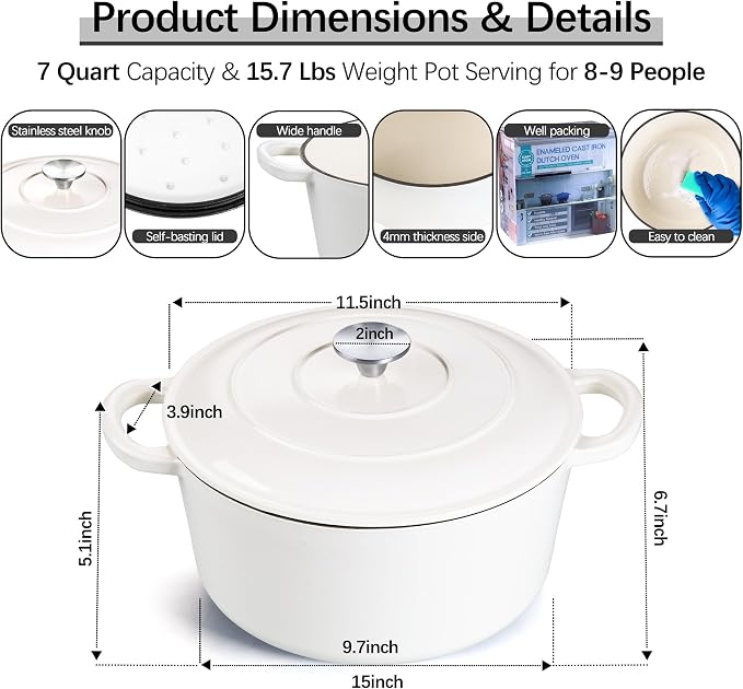 E-far 7QT Enameled Dutch Oven, Cast Iron Dutch Oven Pot - Image 2