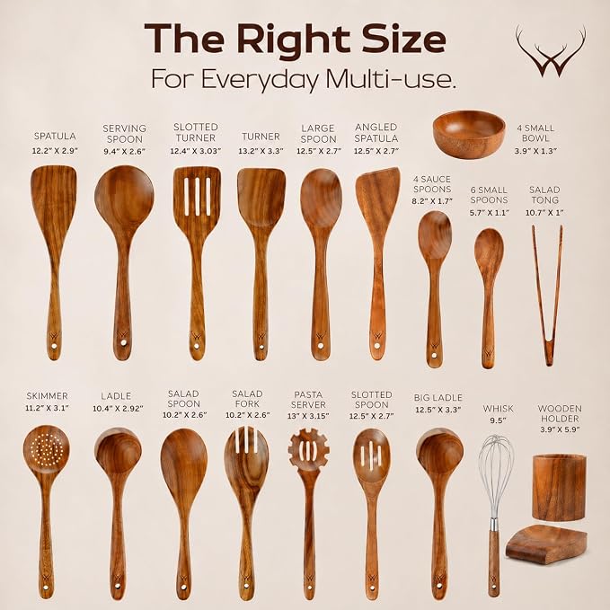 30 Pcs Teak Wooden Utensil Set – Premium Cooking Utensils Set, Natural Wooden - Image 9