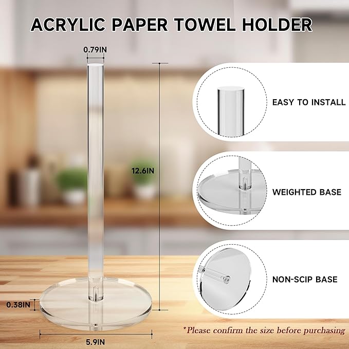 WORHE Paper Towel Holder Countertop Clear Acrylic 5.9" Diameter Thickening - Image 2