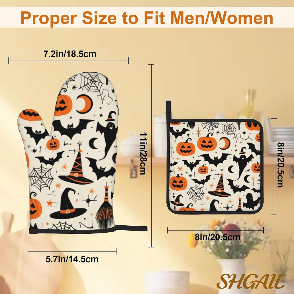 Halloween Pumpkin Bat Pattern Oven Gloves and Hot Pads Set - Heatproof
