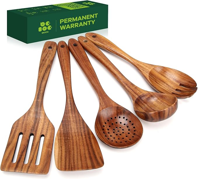 Bkiok Wooden Spoons for Cooking, Natural Teak Wood Kitchen Utensils Set for by Bkiok