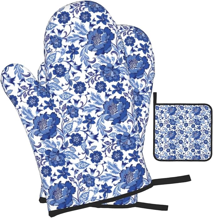 Navy Blue Floral Oven Mitts and Pot Holders Sets, Heat Resistant Oven Gloves - Image 2