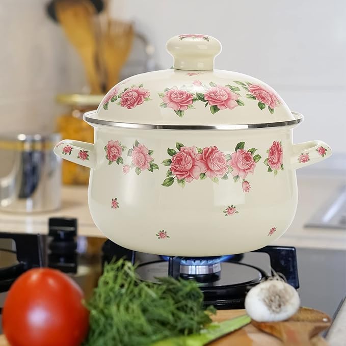 SOUJOY Enamel Stockpot with Lid, 2.8 Quart Retro Cooking Pot, Vintage Floral - Image 7