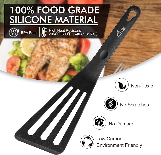 HOTEC 600℉ Heat Resistant Silicone Slotted Fish Turner Spatula Set, BPA Free - Image 3