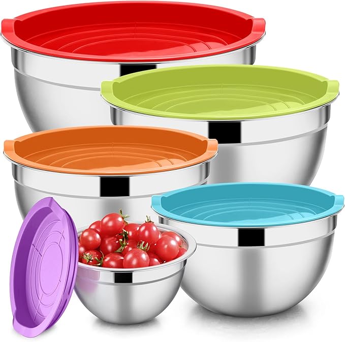 E-far Mixing Bowls with Lids Set of 5, Stainless Steel Mixing Bowls Metal by E-far