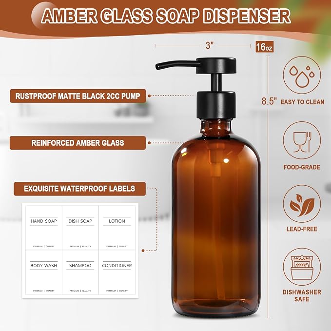 KASUNTING Amber Glass Soap Dispenser - Image 3