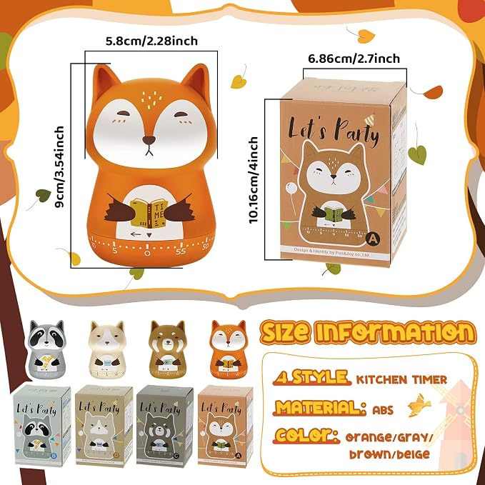Amylove 4 Pieces Cute Kitchen Timer Animal Mechanical Manual Fox Raccoon Bear - Image 2