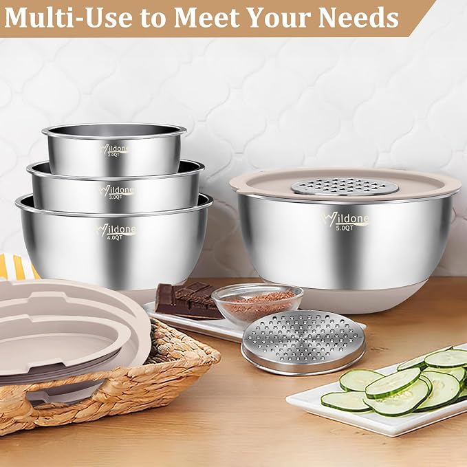 Wildone Mixing Bowls with Airtight Lids, with 3 Grater Attachments, Scale Mark - Image 6