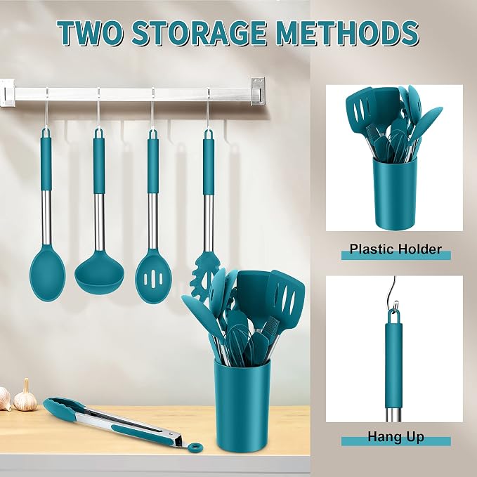 Silicone Cooking Utensils Set, E-far 14-Piece Blue Kitchen Utensils Set - Image 6