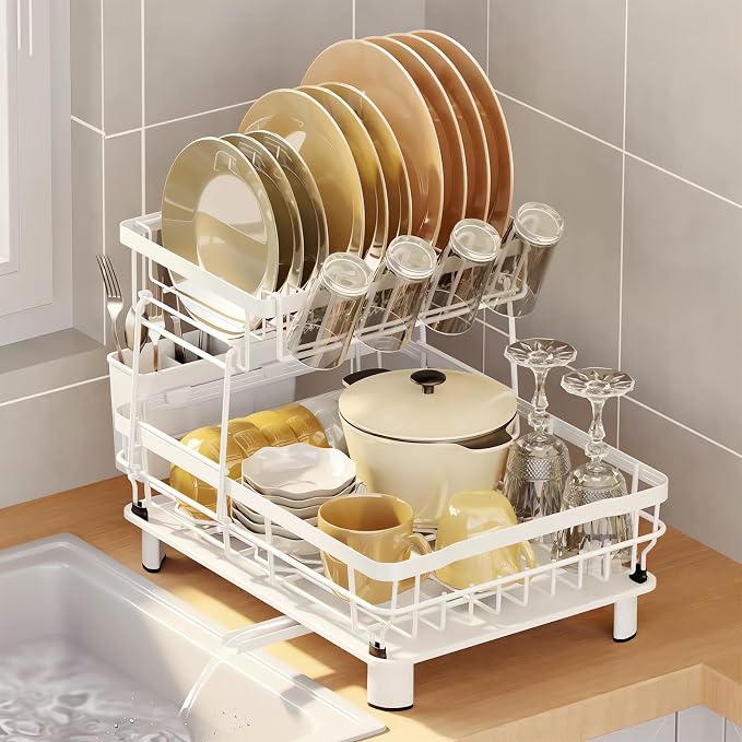 Small 2 Tier Dish Drying Rack, Space Saving Dish Racks by BULIJUJU