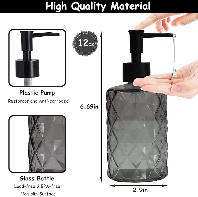 Glass Soap Dispenser with Black Plastic Pump, 12oz Refillable Liquid Hand Soap - Image 2