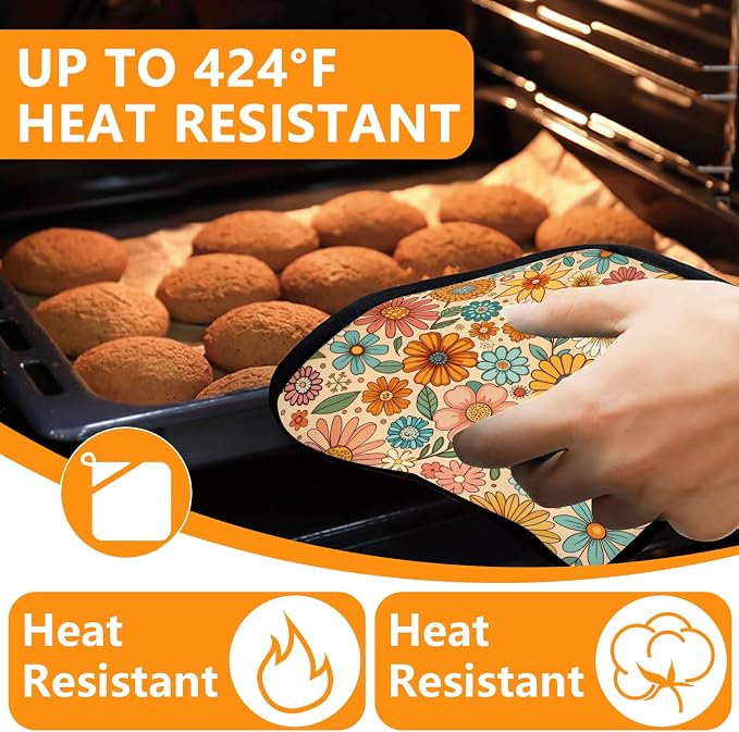 Boho Floral Oven Mitts and Pot Holders Sets 4Pcs, Extra Long Oven Gloves - Image 4