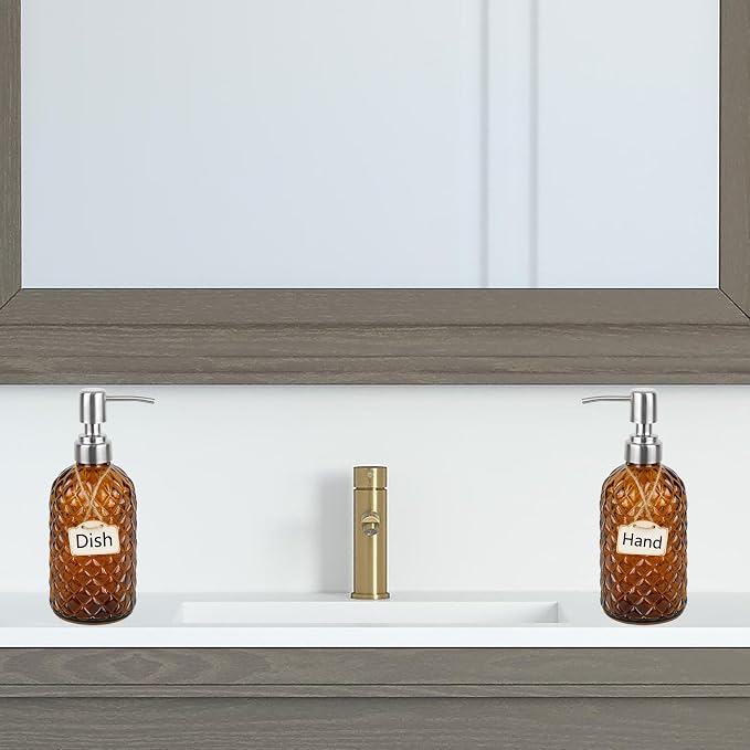 16 oz Diamond Pattern Glass Soap Dispenser, Kitchen and Bathroom Refillable - Image 2