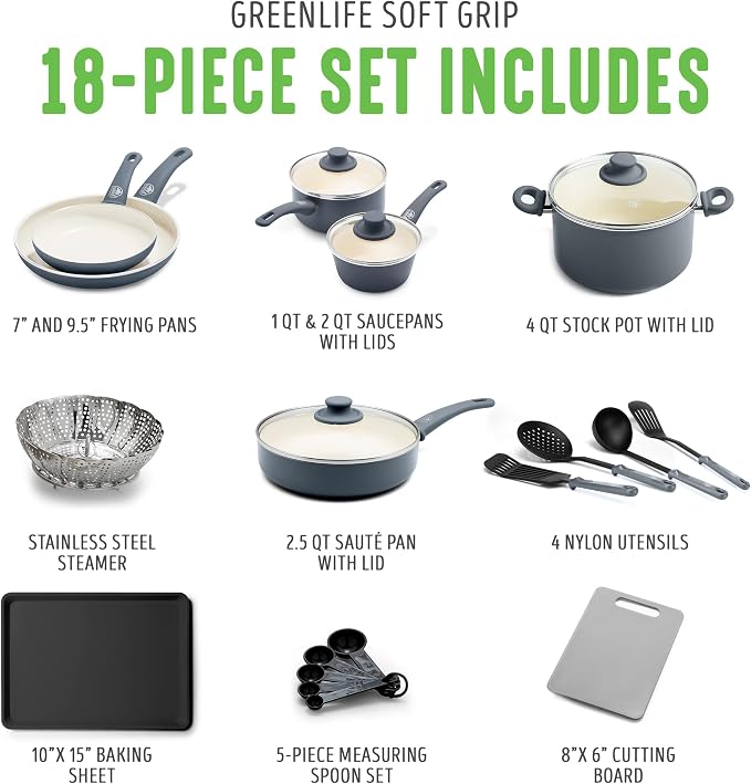 GreenLife Soft Grip Healthy Ceramic Nonstick 18 Piece Kitchen Cookware Pots and - Image 3