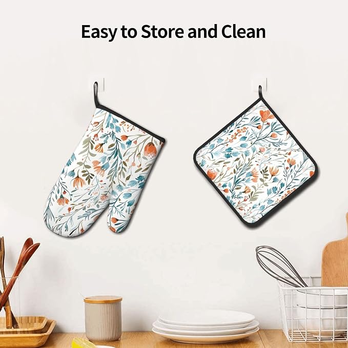 Teal Orange Watercolor Floral Oven Mitts and Pot Holders Sets of 3, Heat - Image 5