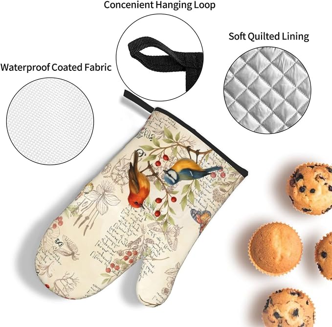 Vintage Bird Themed Hot Pads and Oven Mitts Set of 3, Heat Resistant Non Slip - Image 5