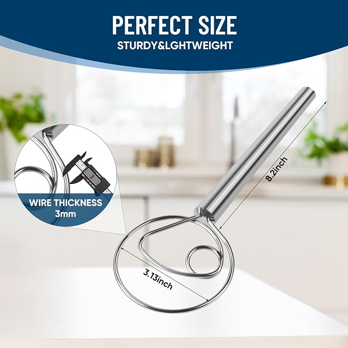 Danish Dough Whisk Stainless Steel Wooden Handle - Image 3