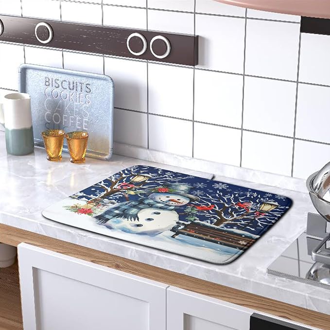 Winter Snowman Dish Drying Mat for Kitchen Counter 18x24, Xmas Snowflakes Dish - Image 5