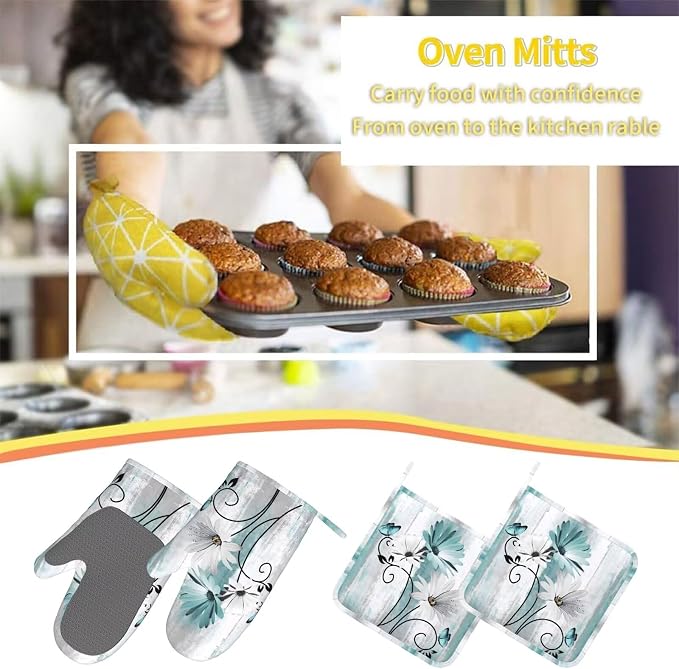 Teal Daisy Oven Mitts Pot Holders Cooking Apron Set of 5 Silicone Farm Teal - Image 7