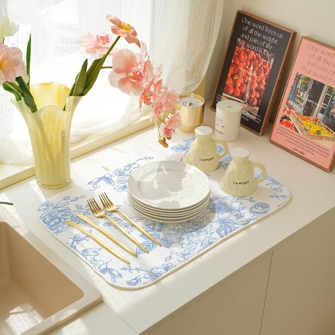 Baby Blue Chinoiserie Floral Dish Drying Mat 18 x 24 inch Vintage Flower - Image 7