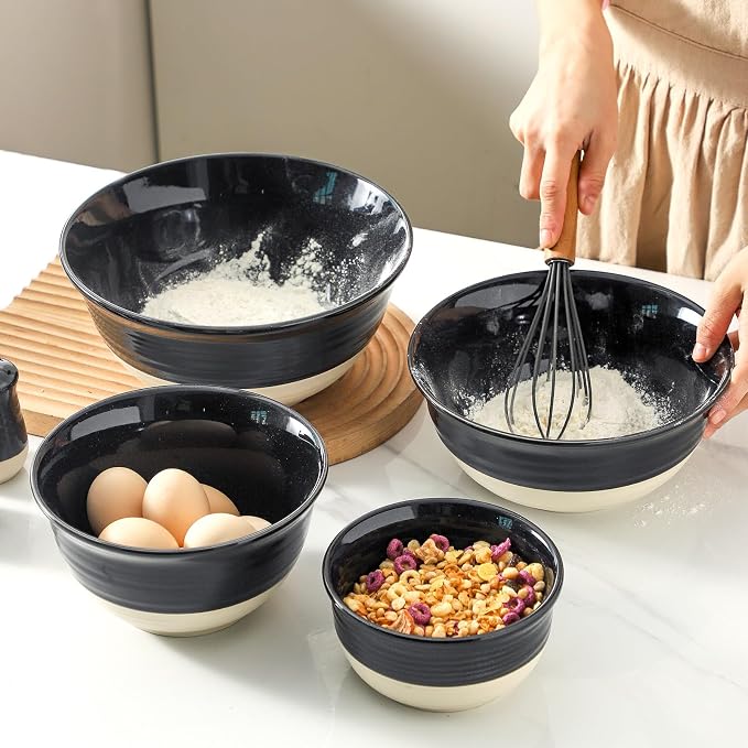 HASENSE Nesting Ceramic Mixing Bowls Set of 4, 2.5/1.5/1.0/0.5 Qt Black & Beige - Image 7
