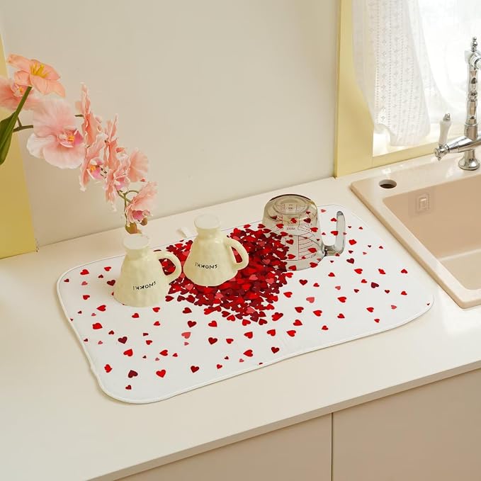 Valentines Day Dish Drying Mat 18 x 24 inch Red Hearts Decorative Drying Mats - Image 6
