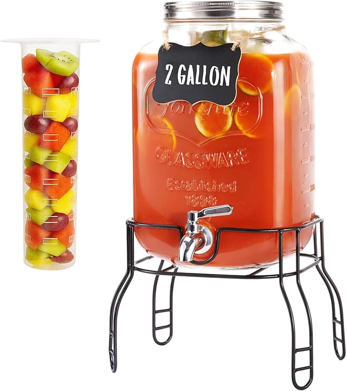 2 Gallon Large Glass Drink Dispenser Set, Beverage Dispensers by JILLSKY