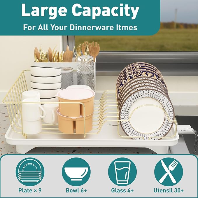 Buruis Dish Drying Rack for Kitchen Countertop, Large Capacity Gold Stainless - Image 4
