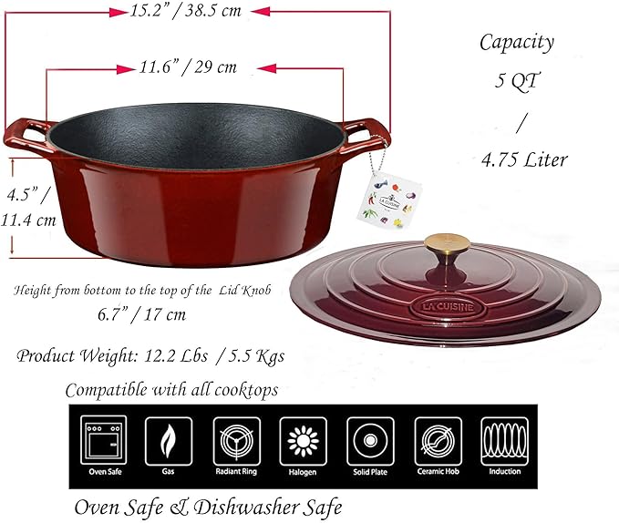 La Cuisine Enameled Cast Iron Oval Dutch Oven Casserole Dish Pot - Image 6