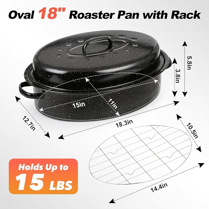 18” Roaster Pan with Lid and Rack, Large Enamel Roaster Pan with Oval Roasting - Image 2