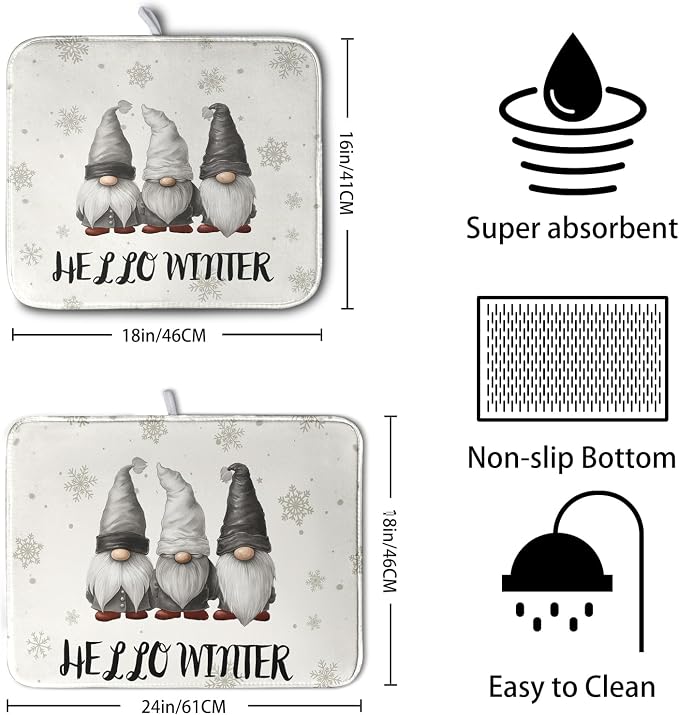 Winter Gnome Dish Drying Mat for Kitchen Counter 18x24 Christmas Snowflakes - Image 2
