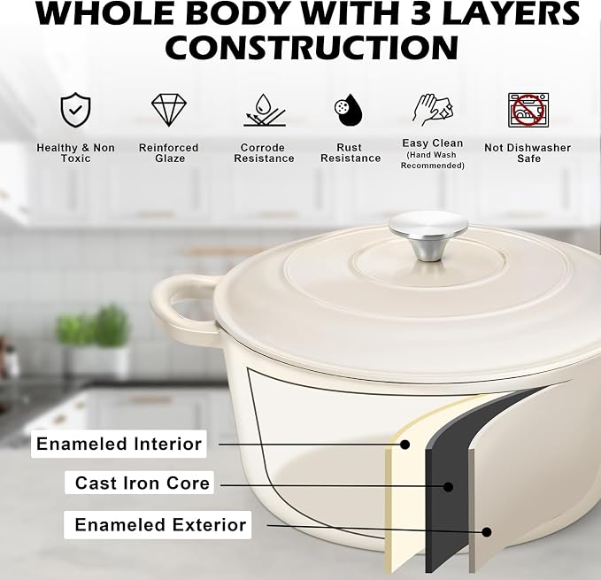 TeamFar 6Qt Dutch Oven, Enameled Cast Iron Dutch Oven Pot - Image 4
