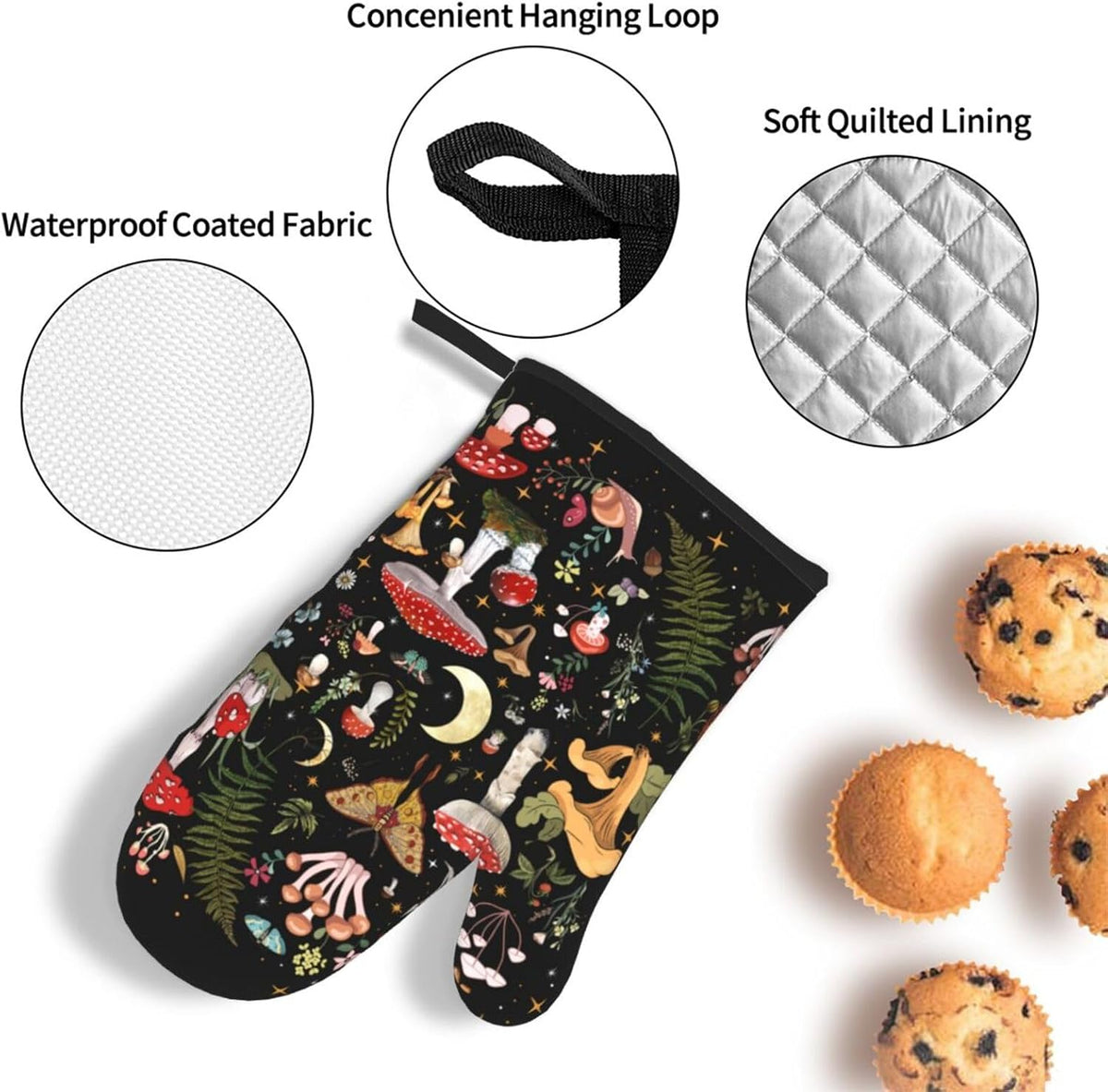 Black Mushroom Oven Mitts and Pot Holders Sets of 3 Witchy Hot Pads