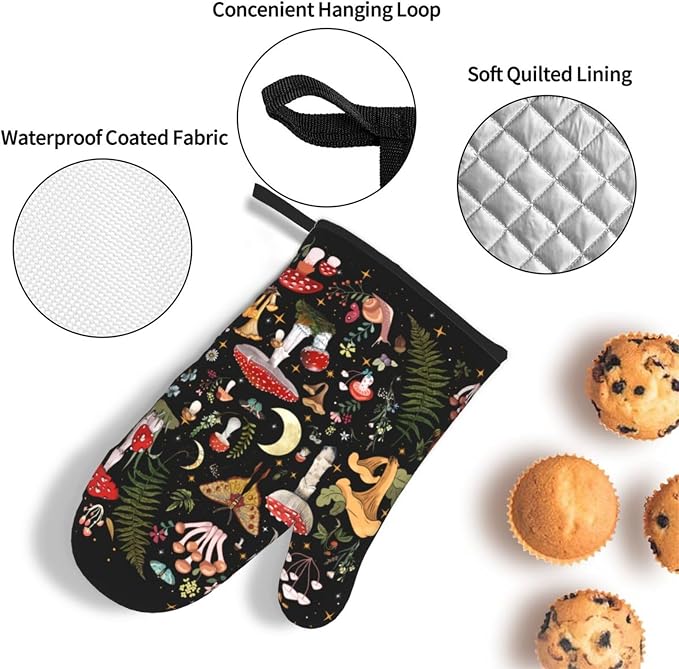 Mushroom Oven Mitts and Pot Holders Sets, Heat Resistant Black Hot Pads Witchy - Image 5