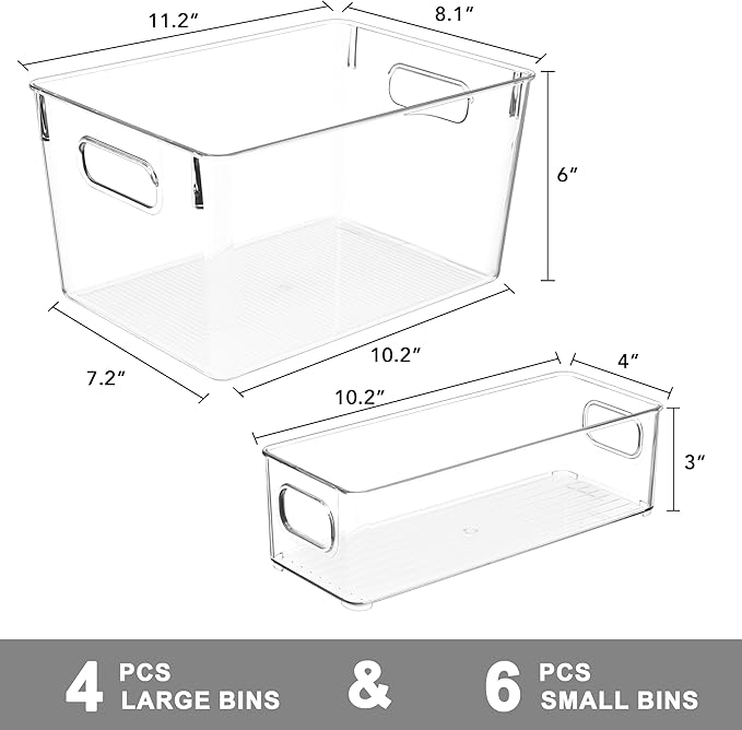 Tiawudi Set of 10 Clear Plastic Storage Bins, 4 Large and 6 Small Stackable - Image 2