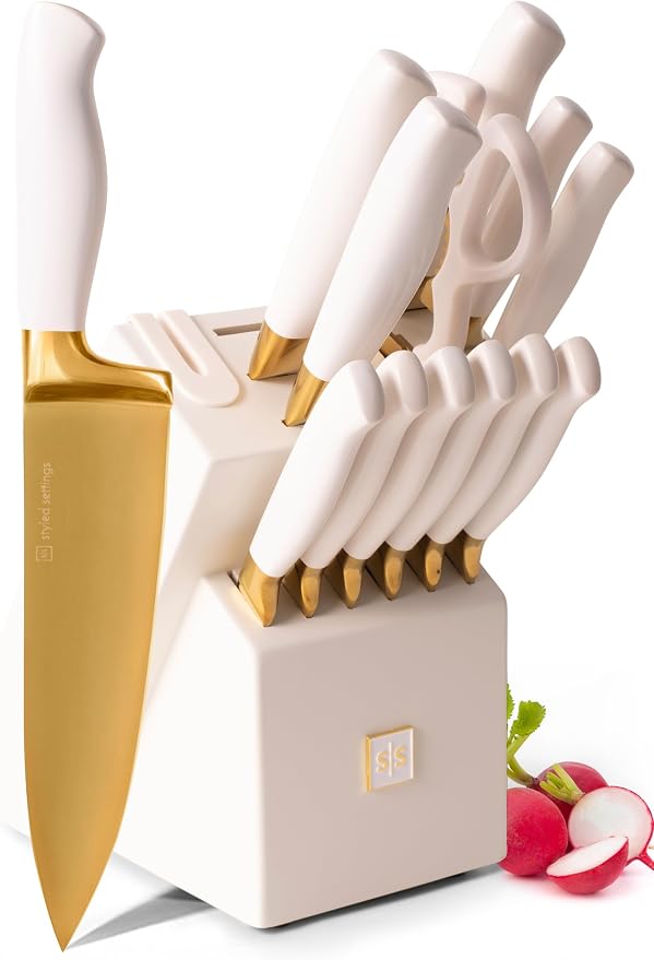 White and Gold Knife Set with Block by STYLEDSETTINGS