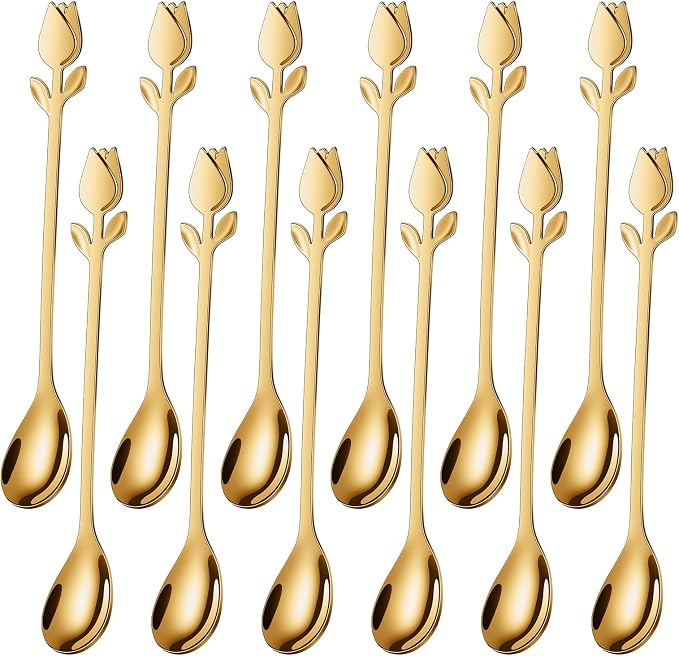 Gold Tulip/Rose Handle 12-Pcs Mini Coffee Spoons Set by SGvrPvz