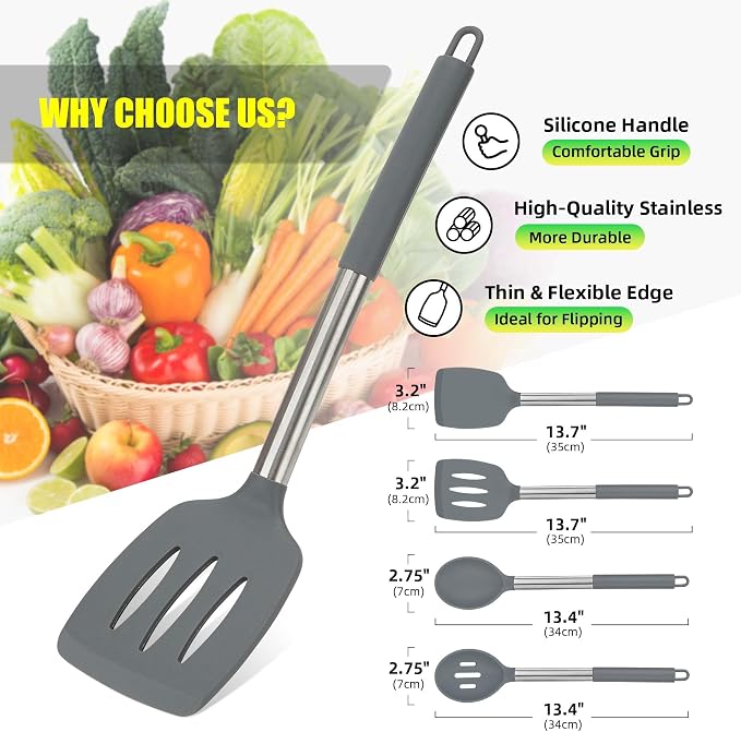 4 Pack Silicone Utensils Set，Non Stick Solid Spatulas, Slotted Spoons - Image 3