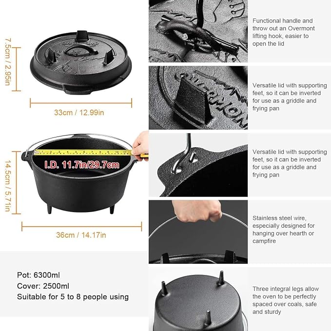 Overmont Camp Dutch Oven Pre Seasoned Cast Iron Lid Also a Skillet Casserole Pot - Image 3