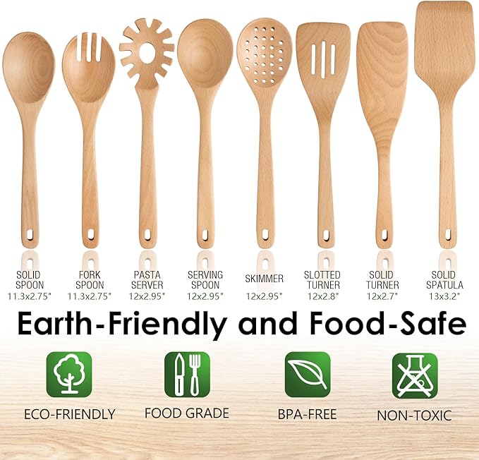 HOWHONG Wooden Spoons for Cooking, Beech Wood Kitchen Utensil Set, Premium - Image 2