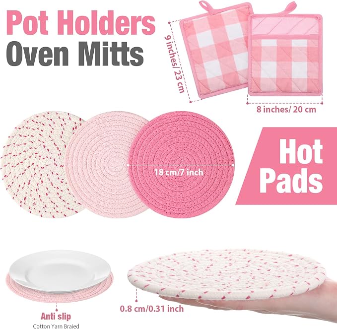 Sumind Pink Oven Mitts and Pot Holders 7 Sets, Heat Resistant Kitchen Gloves - Image 3