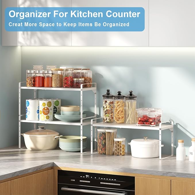 Set of 2 Expandable Cabinet Shelf Organizer, Stackable Kitchen Countertop - Image 7