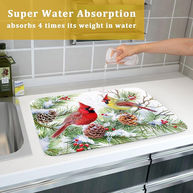 Giwawa Red Birds Dish Drying Mat, Xmas Tree Branch Holly Red Berries Dish - Image 7