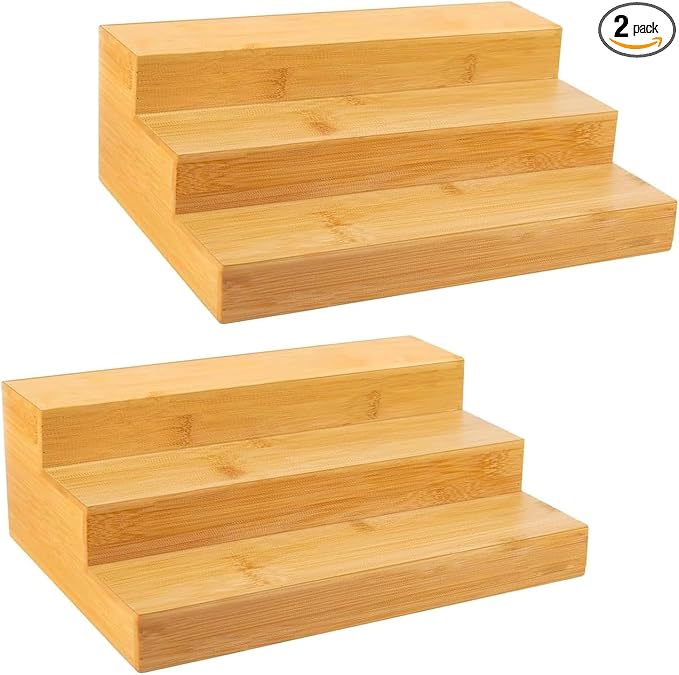 Bamboo Spice Rack for Cabinet, 3 Tier Spice Riser Shelf, 2 Pack Spices Stand by BAMBITION