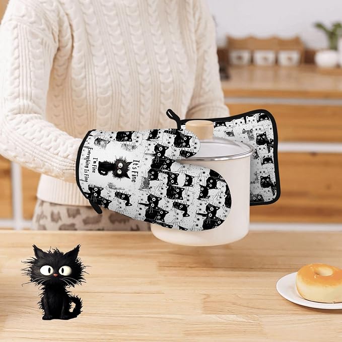 Black Cat Oven Mitts and Pot Holders Sets 3PCS, Cat Silicone Heat Resistant - Image 7