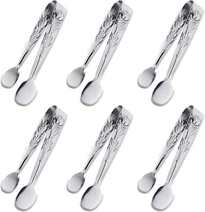 6PCS Mini Serving Tongs, 4Inch Rose Stainless Steel Sugar Cube Tongs, Sliver by Sunenlyst