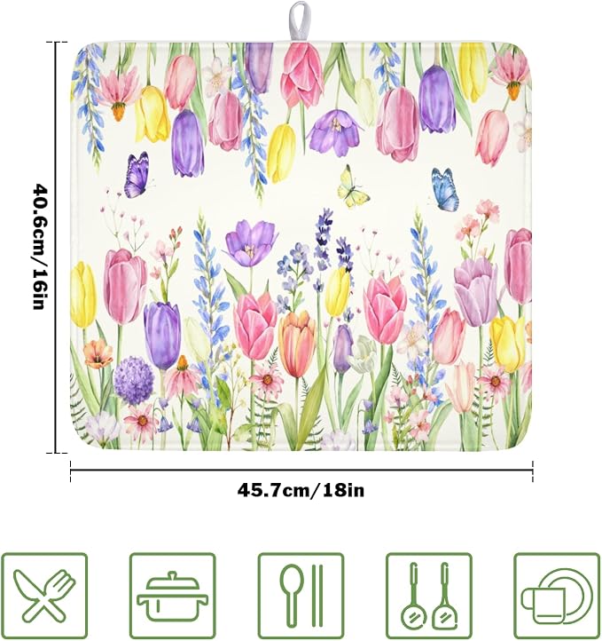 Spring Floral Dish Drying Mat for Kitchen Counter Easter Tulip Lavender Flower - Image 2